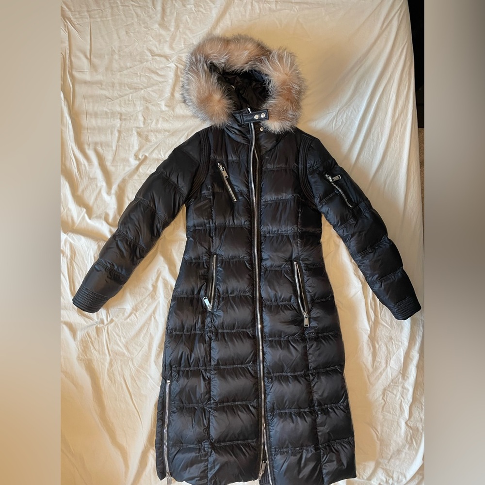 Andrew Marc Black Long Down Jacket with Real Fur